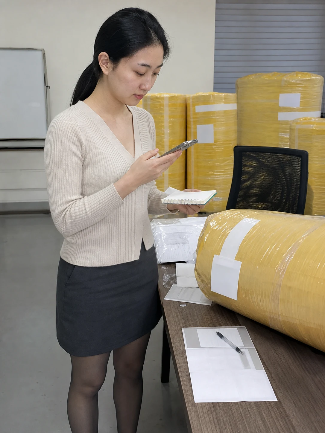 自媒体拍摄人员记录玻璃棉代工厚度与批次资料