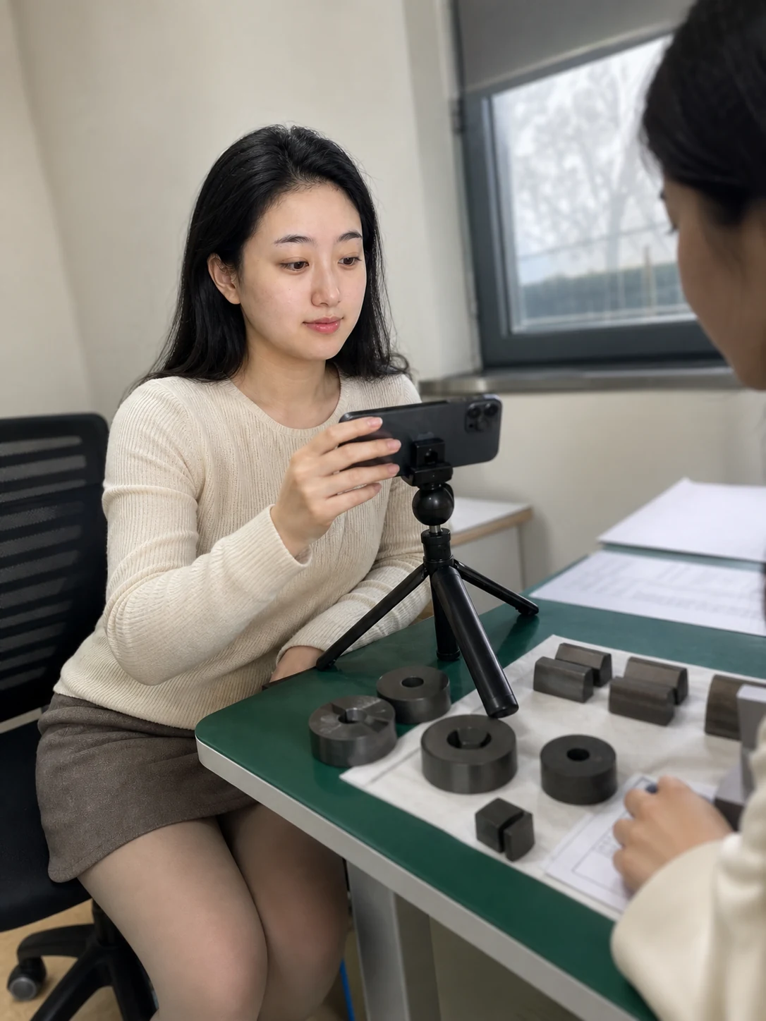 自媒体拍摄人员记录磁性材料加工试样确认与批次资料
