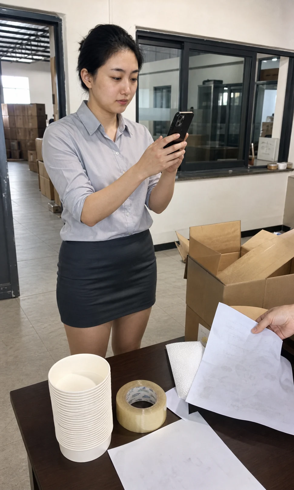 自媒体拍摄人员记录纸碗加工数量与包装标签资料