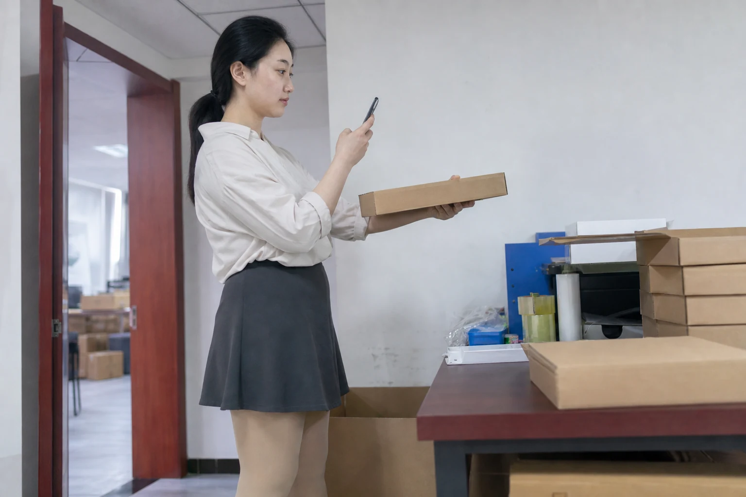 自媒体拍摄人员记录紫苏油代工包装标签与数量核对