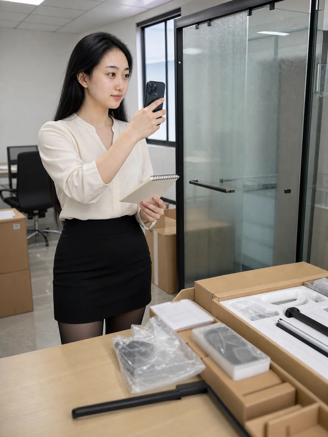 自媒体拍摄人员记录淋浴房定制尺寸与配件批次资料