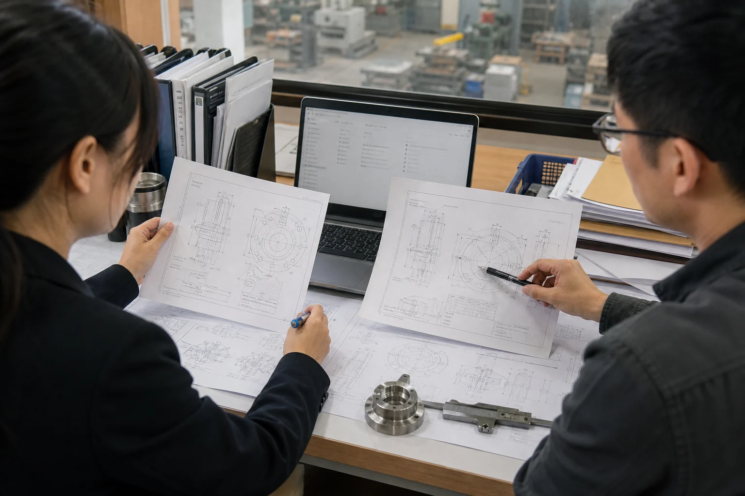 外贸销售与报价工程师核对客户补发的两版产品图纸