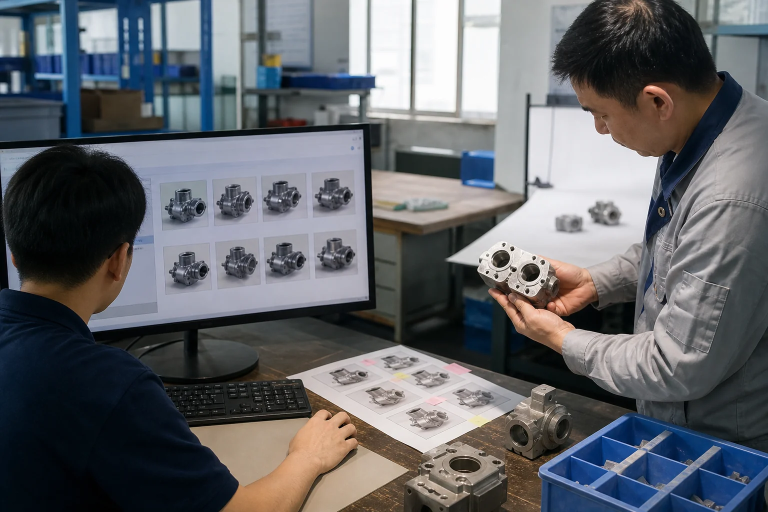 网站管理员与产品工程师核对不同型号的产品图片和实物