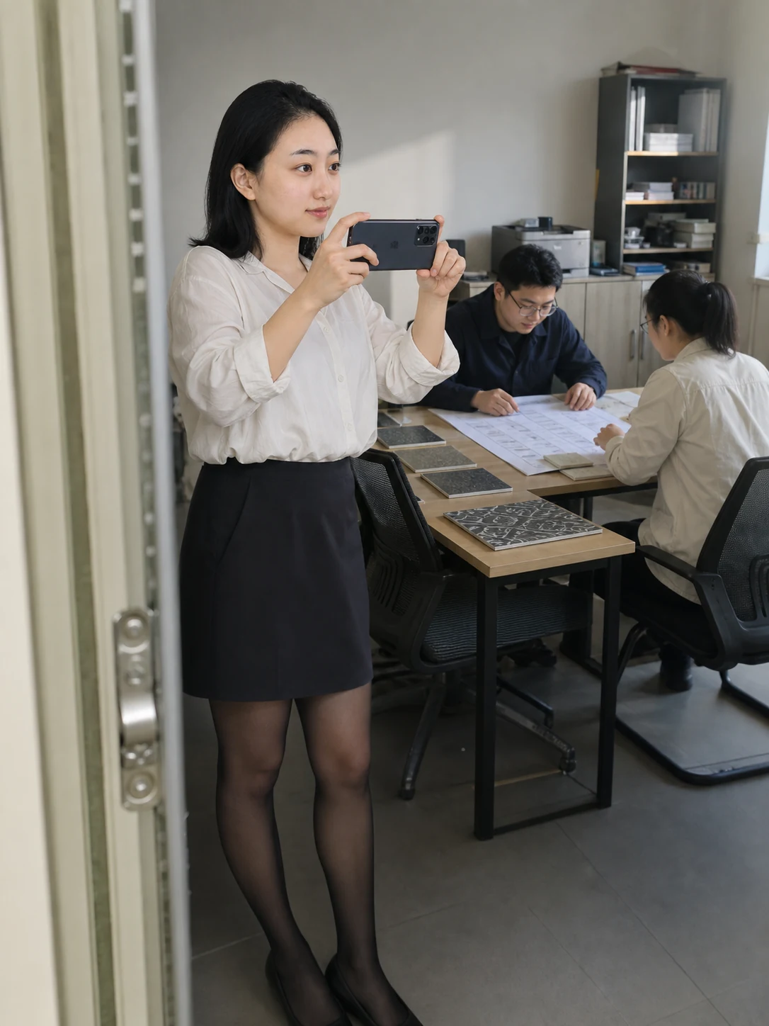 自媒体拍摄人员记录墙砖样品资料向量产批次交接的手机场景
