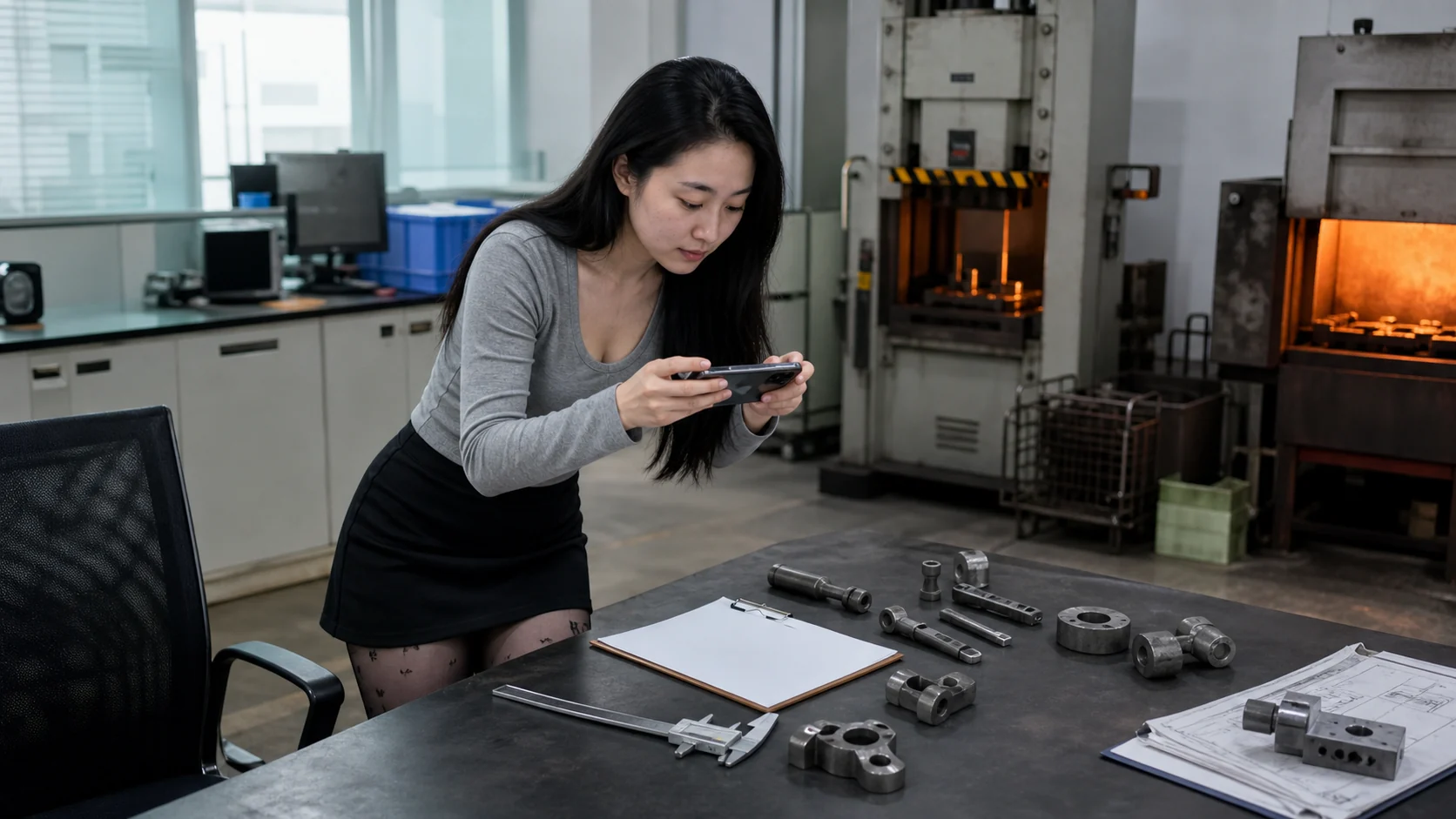 自媒体拍摄人员记录锻造定制材料牌号与模具余量核对