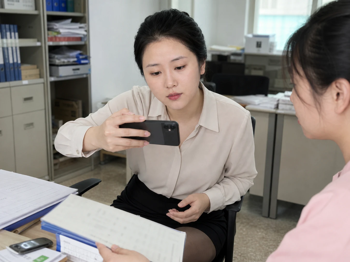 自媒体拍摄人员记录检验资料核对的场景示意图