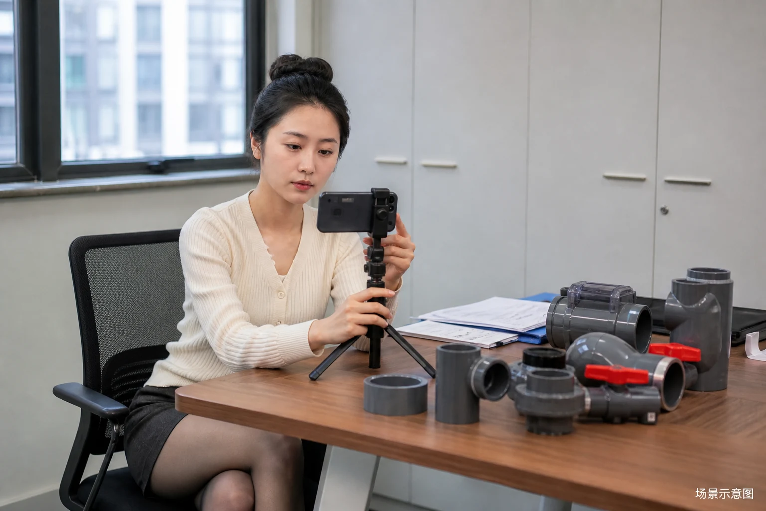 自媒体拍摄人员记录管件样品确认的场景示意图
