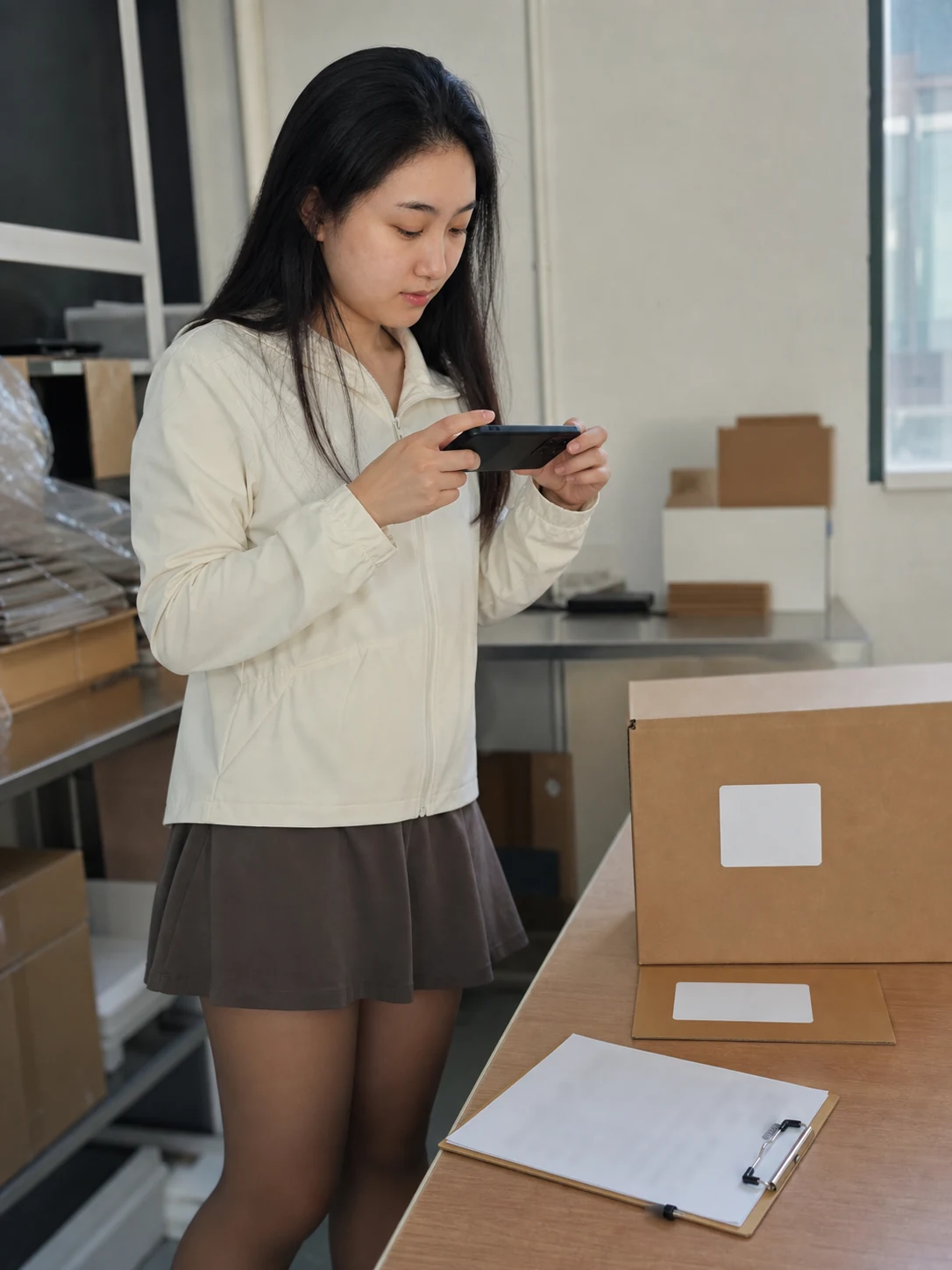 自媒体拍摄人员记录报价与包装资料的手机场景