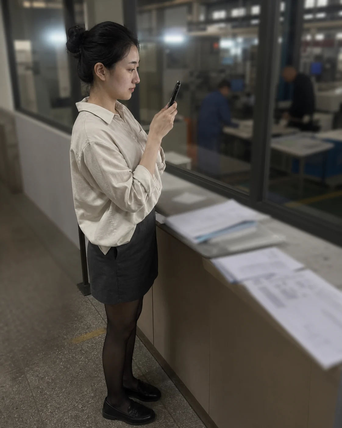 自媒体拍摄人员记录精密AGV小车替代部件资料交接的手机场景