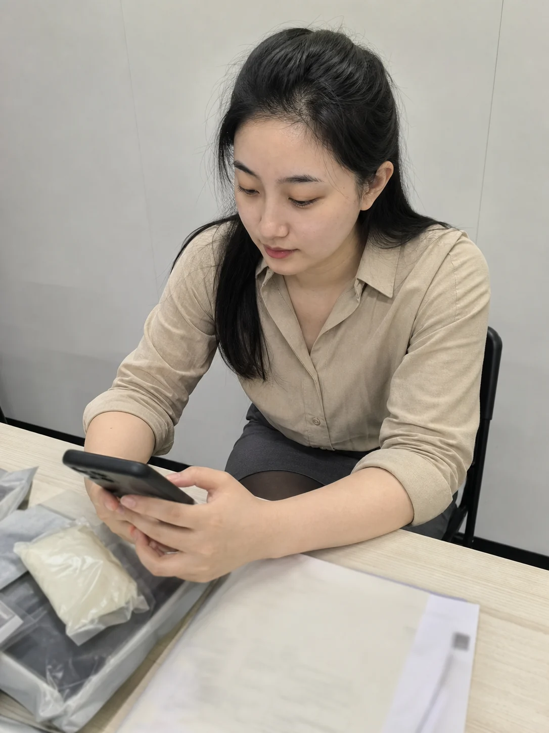 自媒体拍摄人员记录净菜定制供应商样品与原料资料核对的手机场景