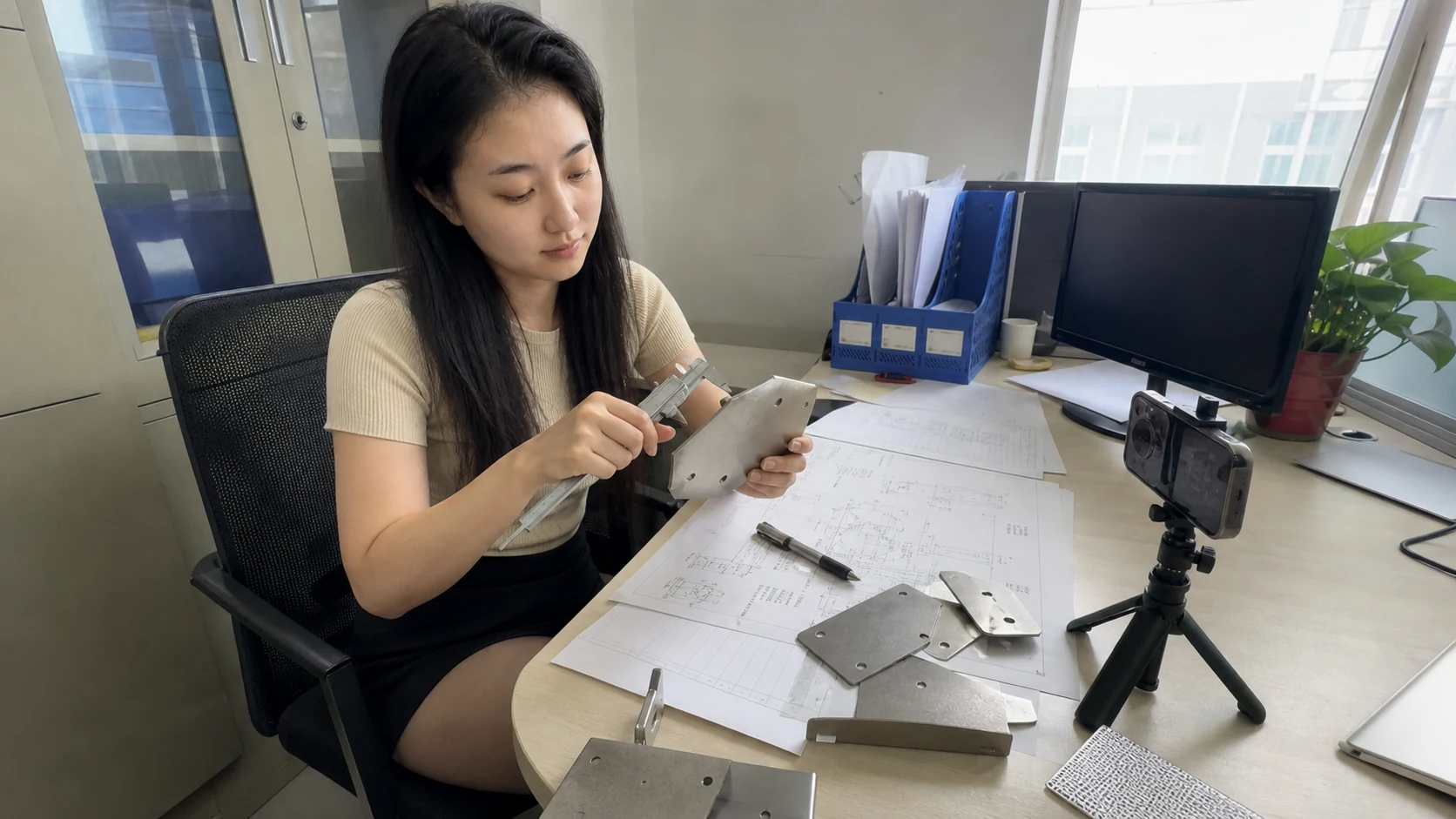 自媒体拍摄人员记录钣金定制图纸材料与样件核对流程