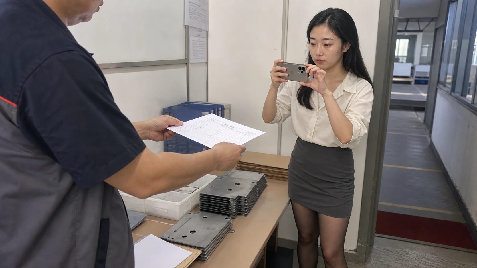 自媒体拍摄人员记录钣金加工板材批次与包装标识资料